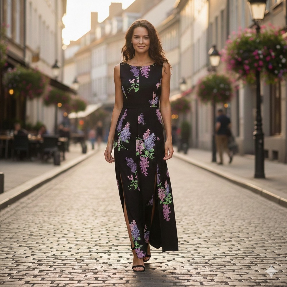 Maxi Dress Floral Print Black Pink Purple Tie Back Side Slits Sz M Resortwear